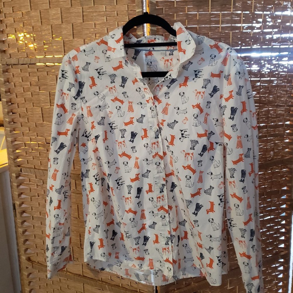 Boden Womens The Classic Button Front Shirt in doodle Dog Print US 12 R W0189